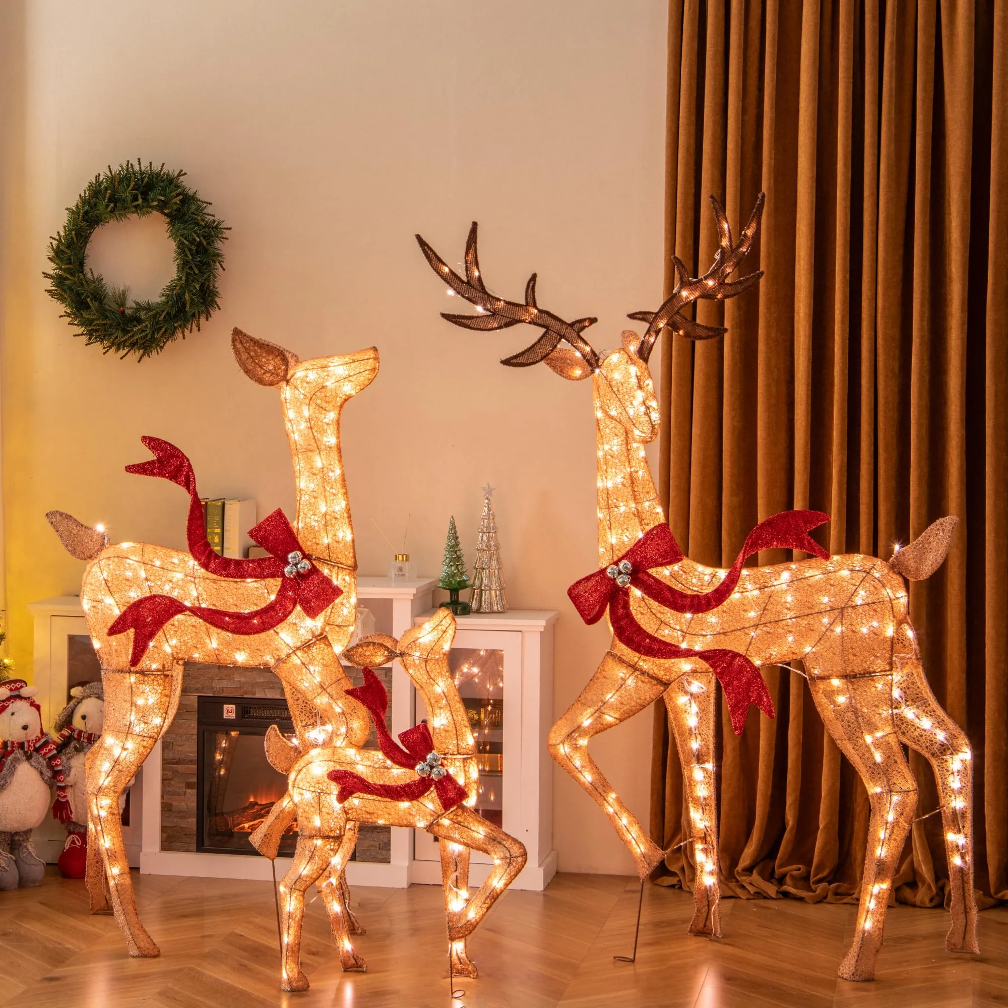 Tangkula 3-Piece Lighted Christmas Reindeer Family Set, Xmas Lighted Deer Decorations with 440 Warm White LED Lights & Stakes