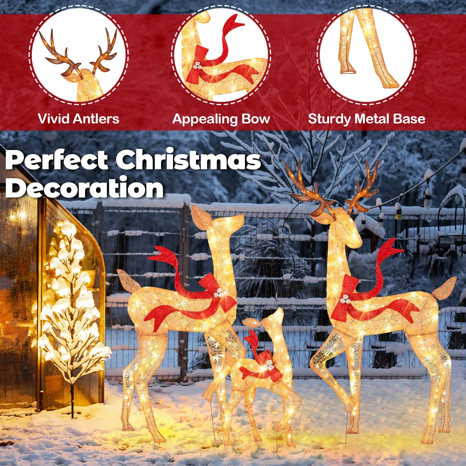 Tangkula 3-Piece Lighted Christmas Reindeer Family Set, Xmas Lighted Deer Decorations with 440 Warm White LED Lights & Stakes