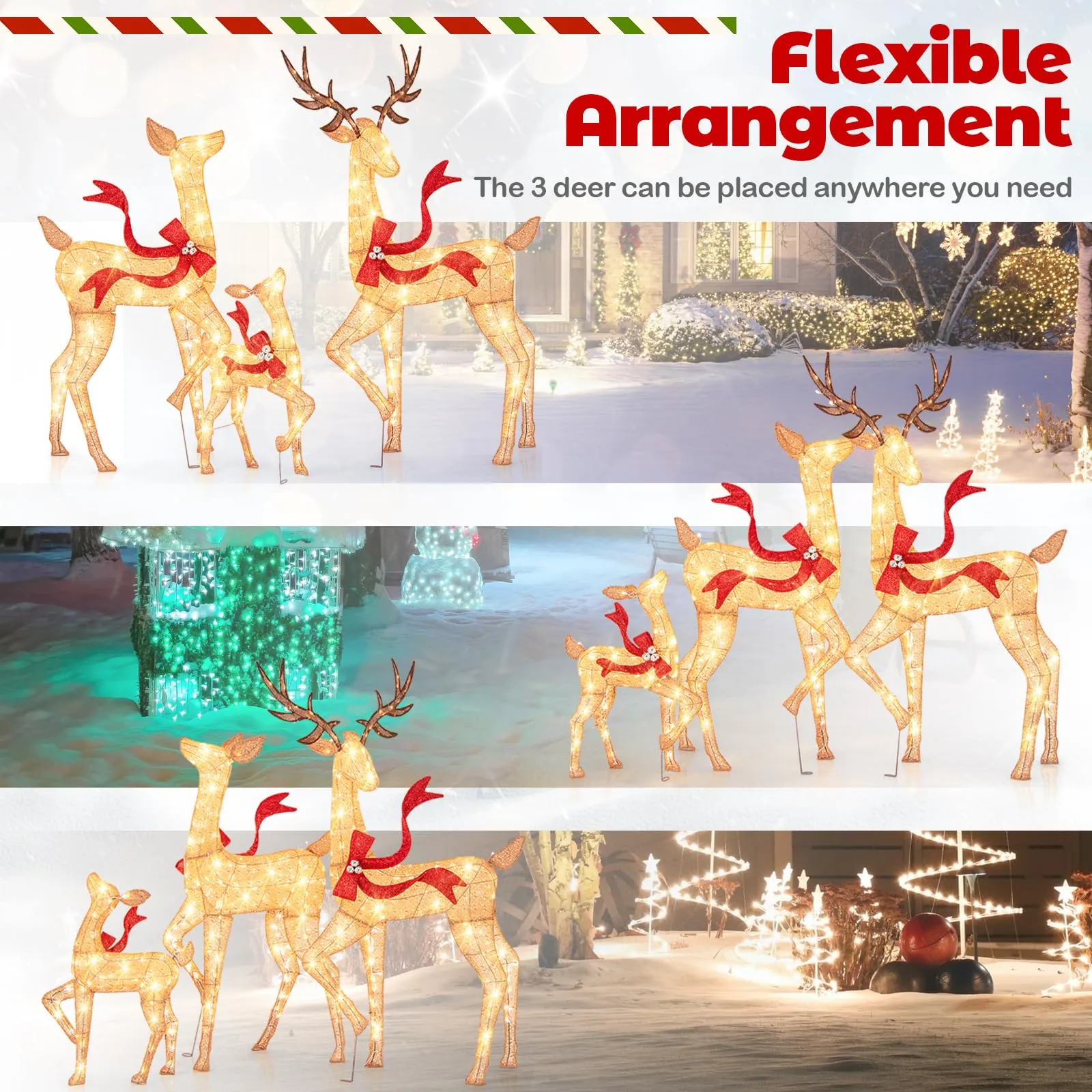 Tangkula 3-Piece Lighted Christmas Reindeer Family Set, Xmas Lighted Deer Decorations with 440 Warm White LED Lights & Stakes