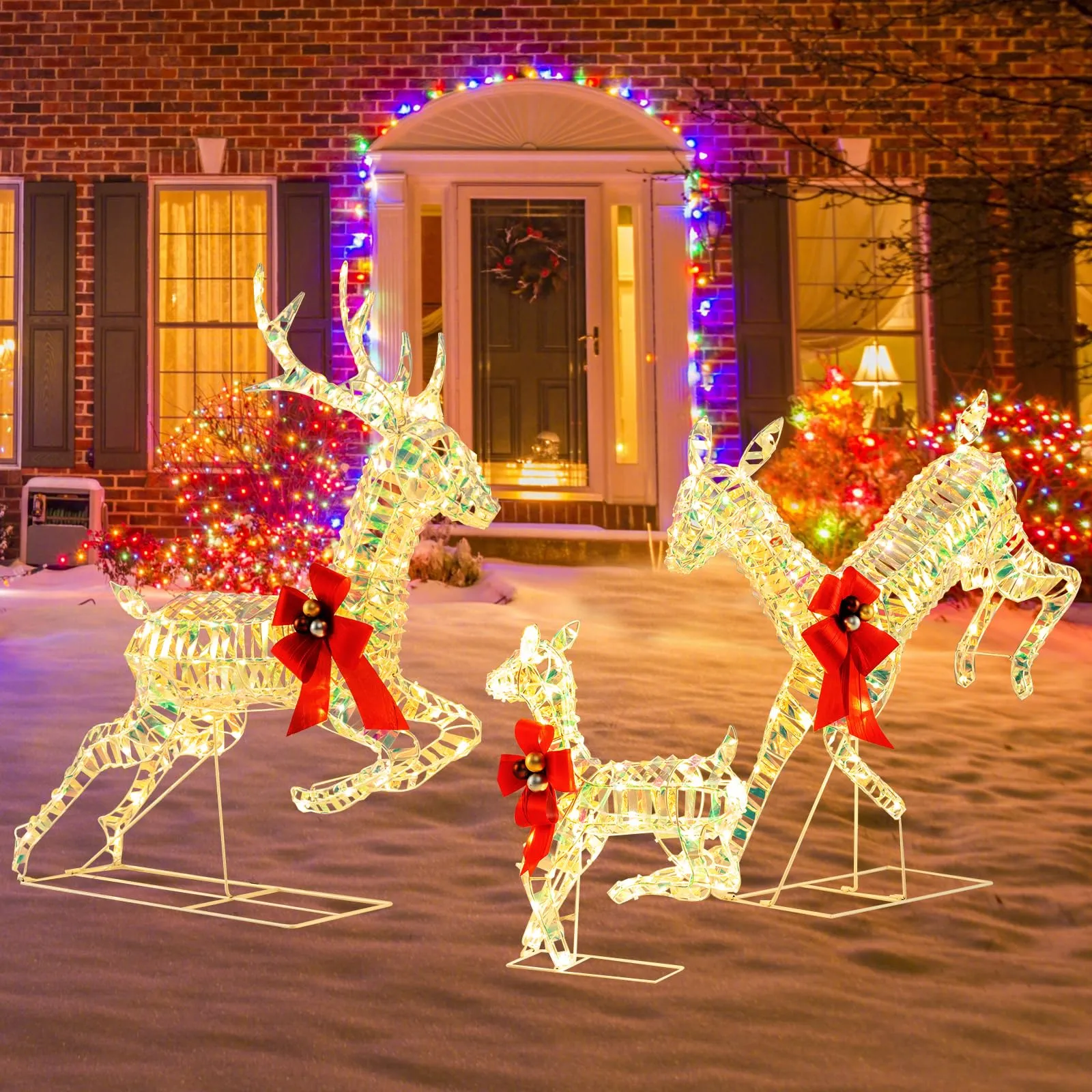 Tangkula 3-Piece Outdoor Christmas Lighted Reindeer Family Set, Light up Xmas Deer Decorations ( 3.4 FT 3.1 FT 1.6 FT )