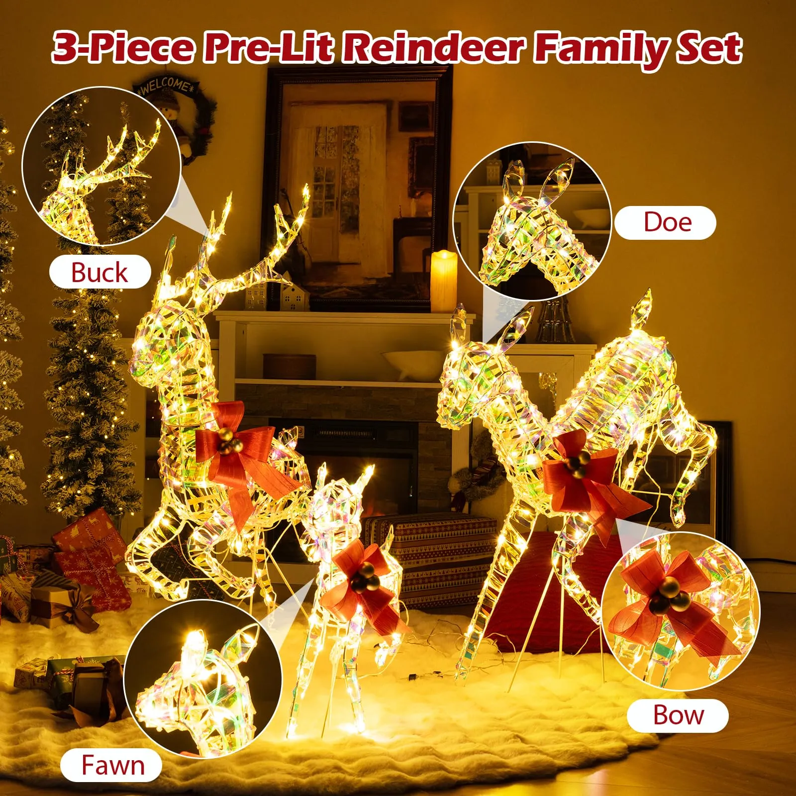 Tangkula 3-Piece Outdoor Christmas Lighted Reindeer Family Set, Light up Xmas Deer Decorations ( 3.4 FT 3.1 FT 1.6 FT )