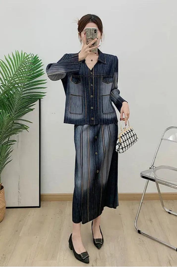 Truly Pleated Denim-Inspired Midi Skirt Set