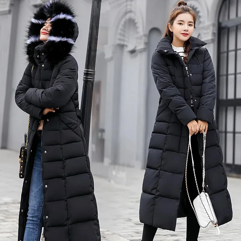 UHYTGF 2024 Winter Women's Long Parka – Bow Belt Fox Fur Collar Oversized Vintage Thick Coat