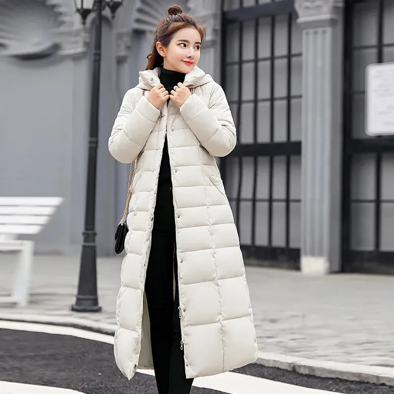 UHYTGF 2024 Winter Women's Long Parka – Bow Belt Fox Fur Collar Oversized Vintage Thick Coat