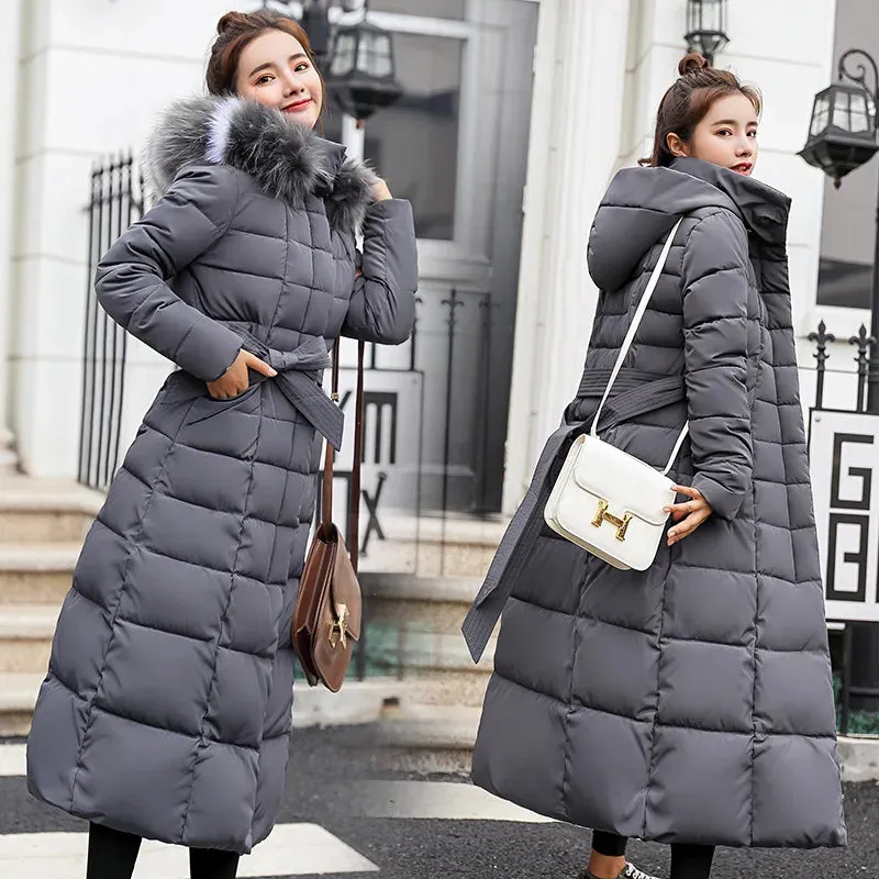 UHYTGF 2024 Winter Women's Long Parka – Bow Belt Fox Fur Collar Oversized Vintage Thick Coat