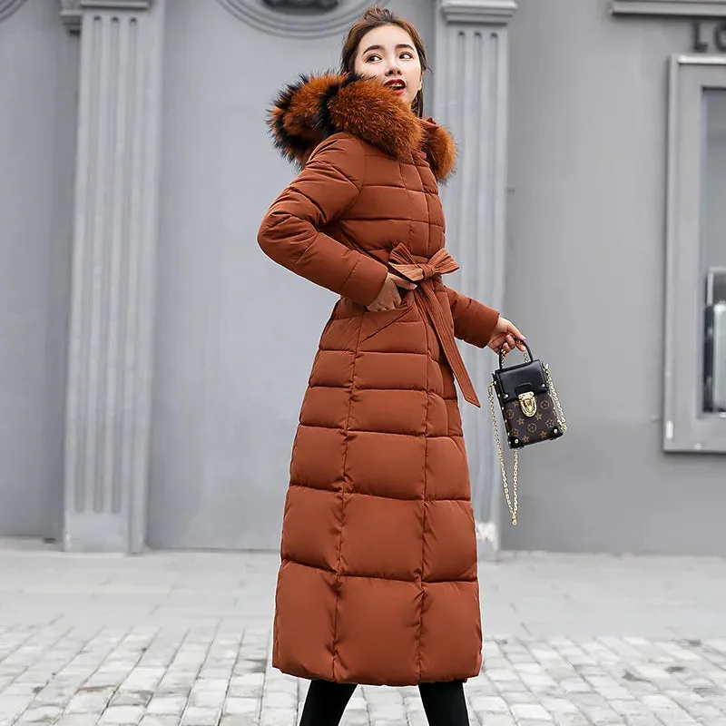 UHYTGF 2024 Winter Women's Long Parka – Bow Belt Fox Fur Collar Oversized Vintage Thick Coat