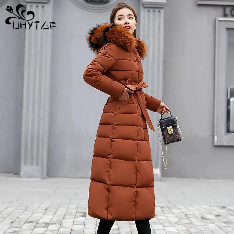 UHYTGF 2024 Winter Women's Long Parka – Bow Belt Fox Fur Collar Oversized Vintage Thick Coat