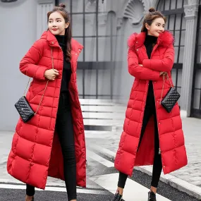 UHYTGF 2024 Winter Women's Long Parka – Bow Belt Fox Fur Collar Oversized Vintage Thick Coat