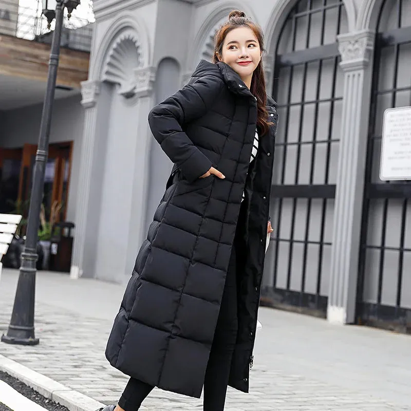 UHYTGF 2024 Winter Women's Long Parka – Bow Belt Fox Fur Collar Oversized Vintage Thick Coat