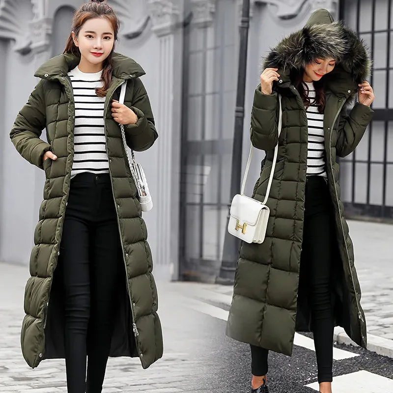 UHYTGF 2024 Winter Women's Long Parka – Bow Belt Fox Fur Collar Oversized Vintage Thick Coat