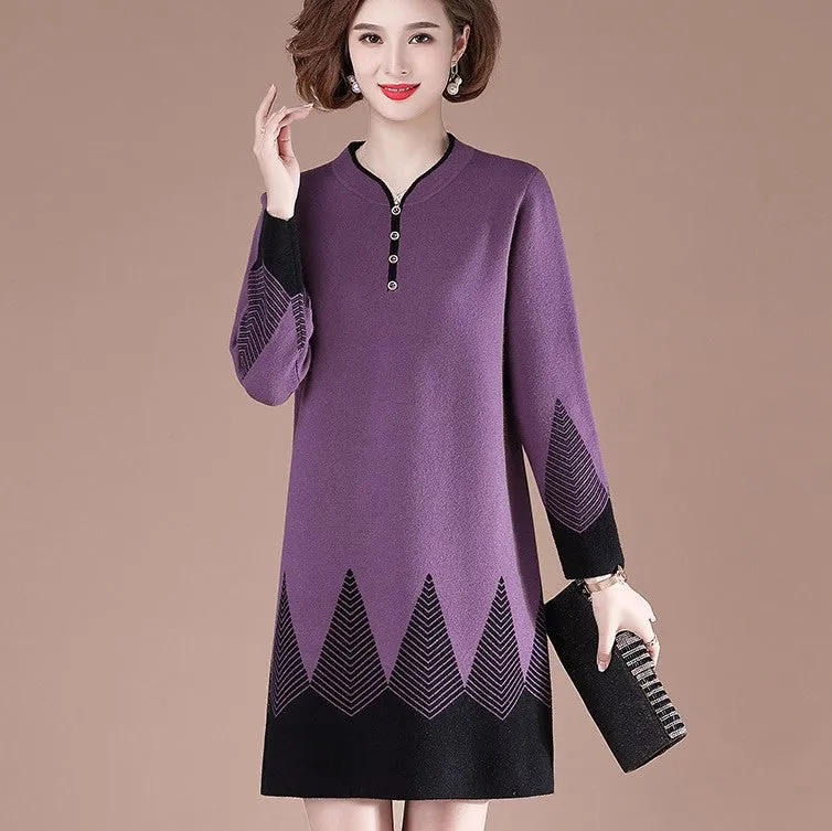 V Neck Long Sleeve Knee Length A-line Knit Dress Mother Dress