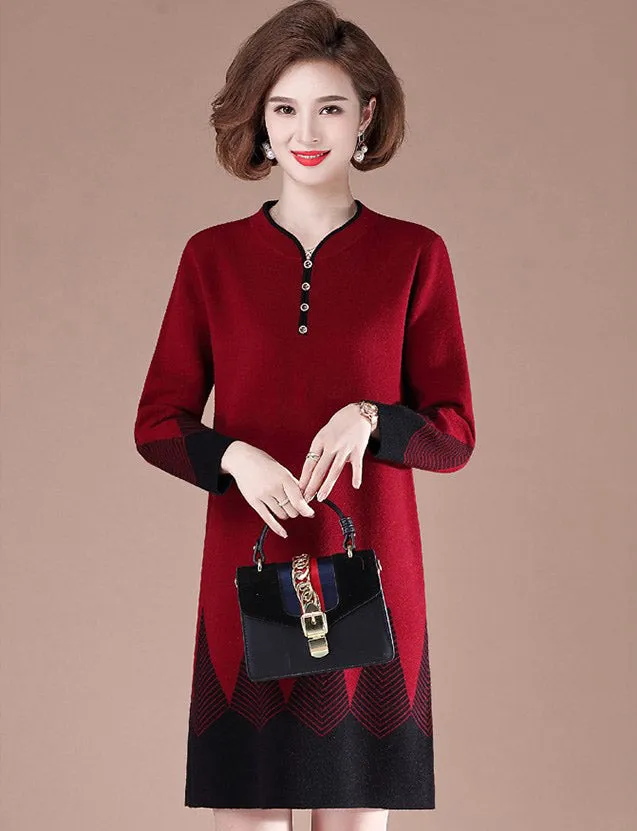 V Neck Long Sleeve Knee Length A-line Knit Dress Mother Dress