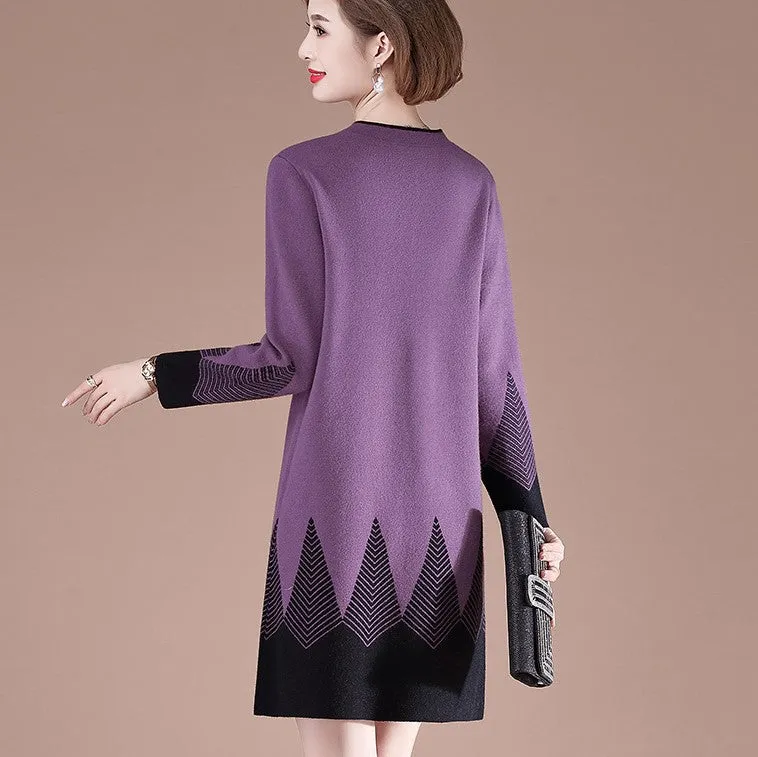 V Neck Long Sleeve Knee Length A-line Knit Dress Mother Dress