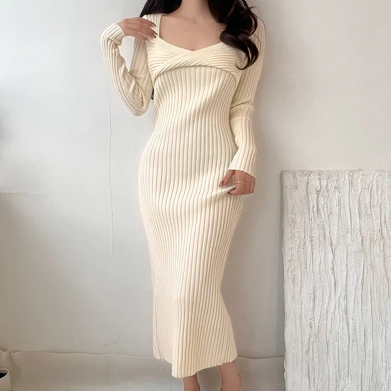 Vintage Stretch Bodycon Hip Wrap Knit Winter Dress