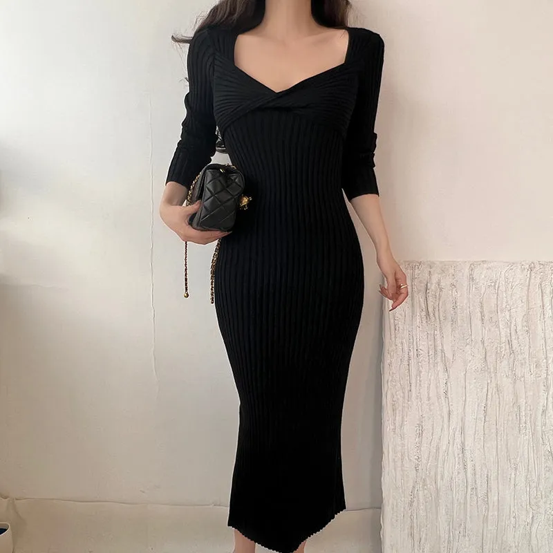 Vintage Stretch Bodycon Hip Wrap Knit Winter Dress