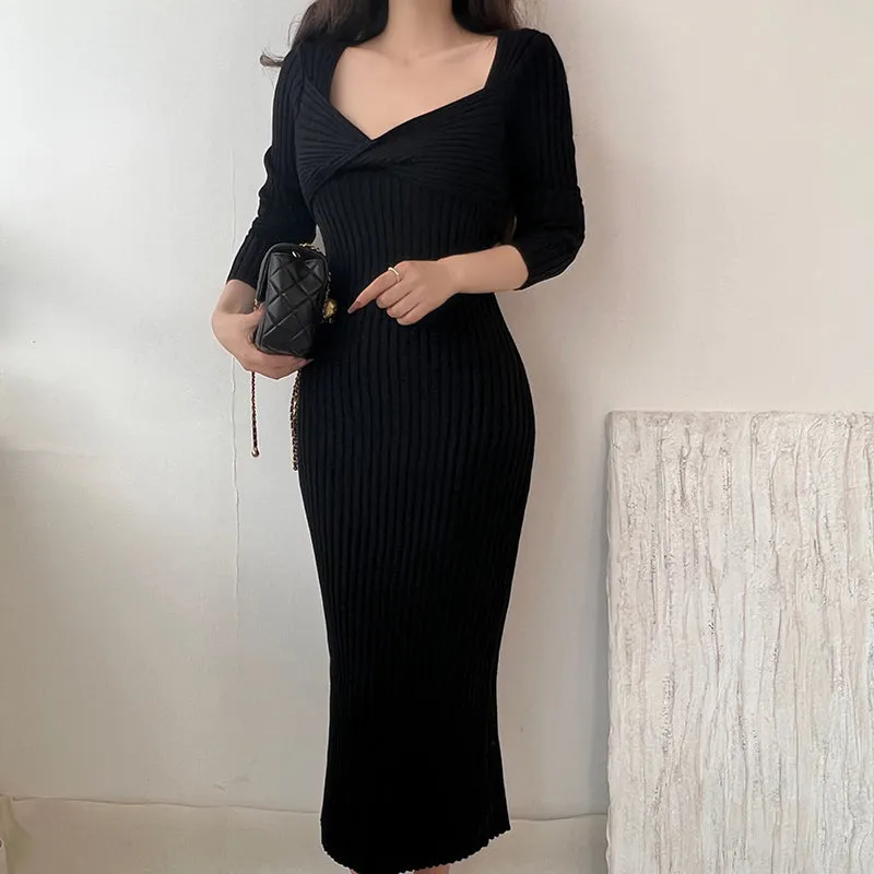 Vintage Stretch Bodycon Hip Wrap Knit Winter Dress