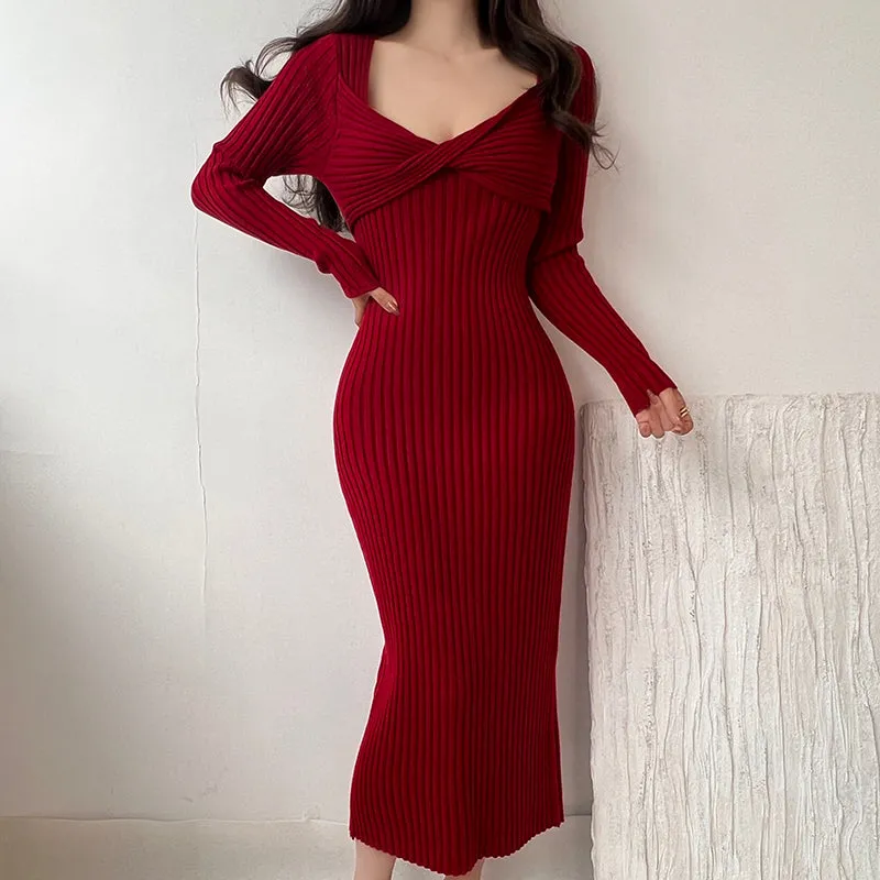 Vintage Stretch Bodycon Hip Wrap Knit Winter Dress