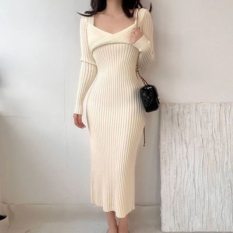 Vintage Stretch Bodycon Hip Wrap Knit Winter Dress