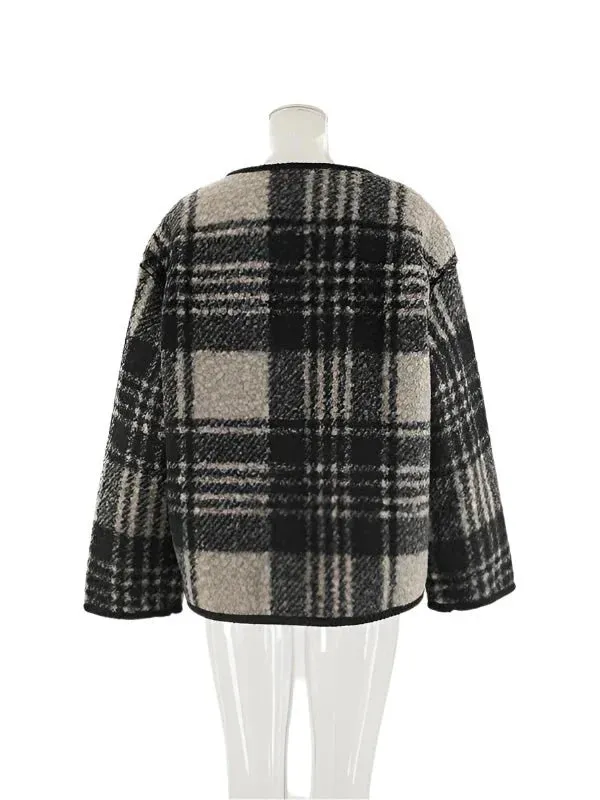 Wenkouban-Winter outfits Christmas Round Neck Toggles Plaid Woolen Short Coat