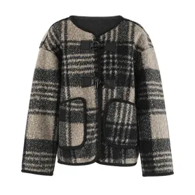 Wenkouban-Winter outfits Christmas Round Neck Toggles Plaid Woolen Short Coat