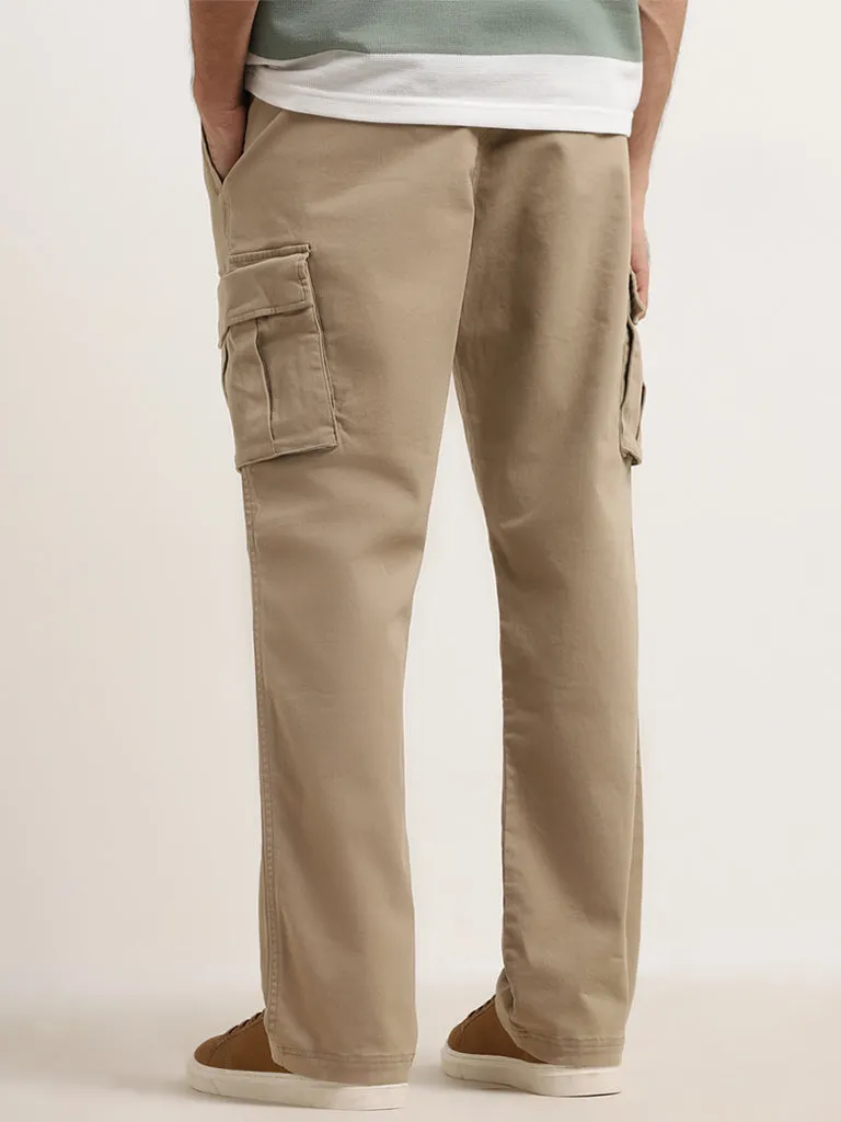 WES Casuals Beige Relaxed-Fit Mid-Rise Cotton Blend Pants