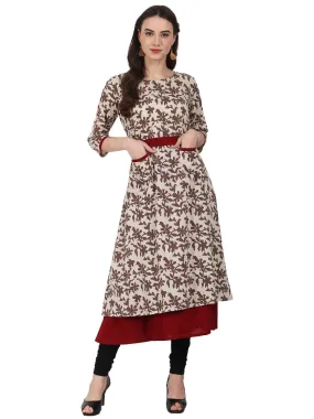 Women Beige Printed 3/4 Sleeve Double Layer Cotton Kurta