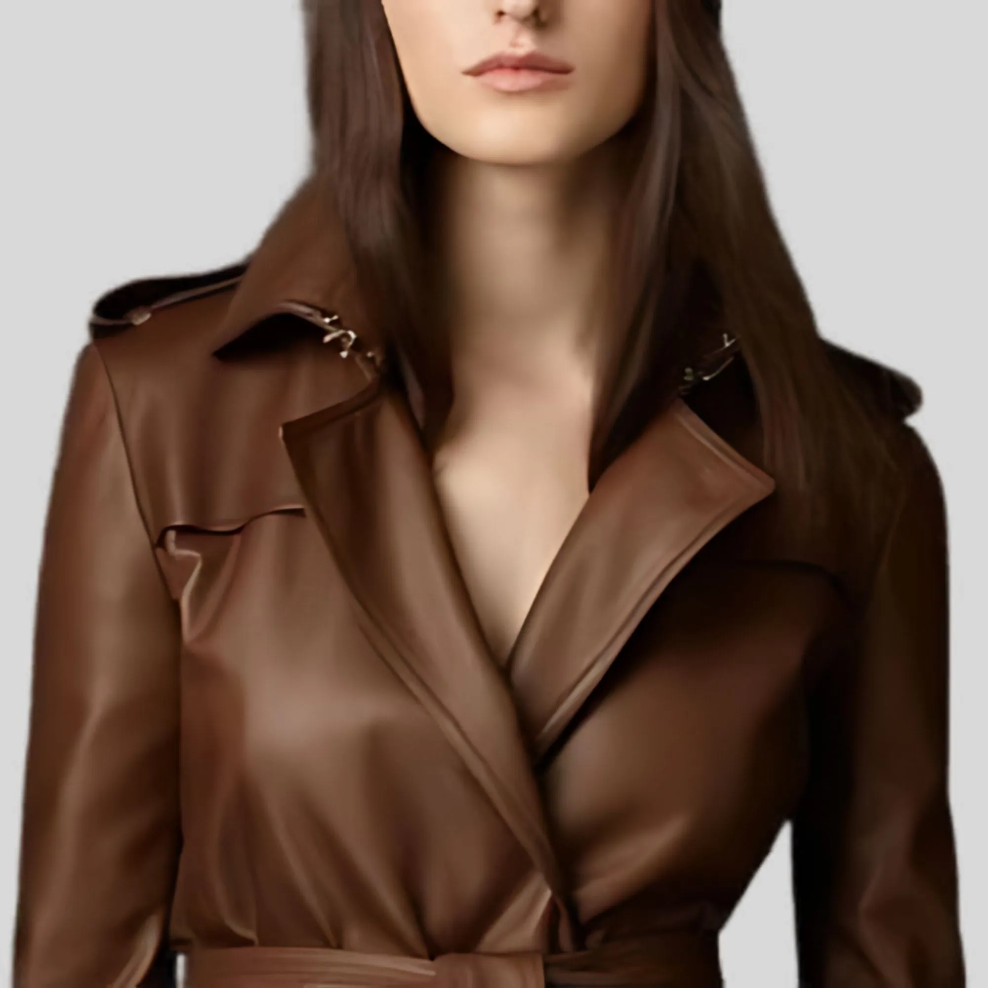 Women Brown Genuine Real Leather Designer Trench Belted Coat