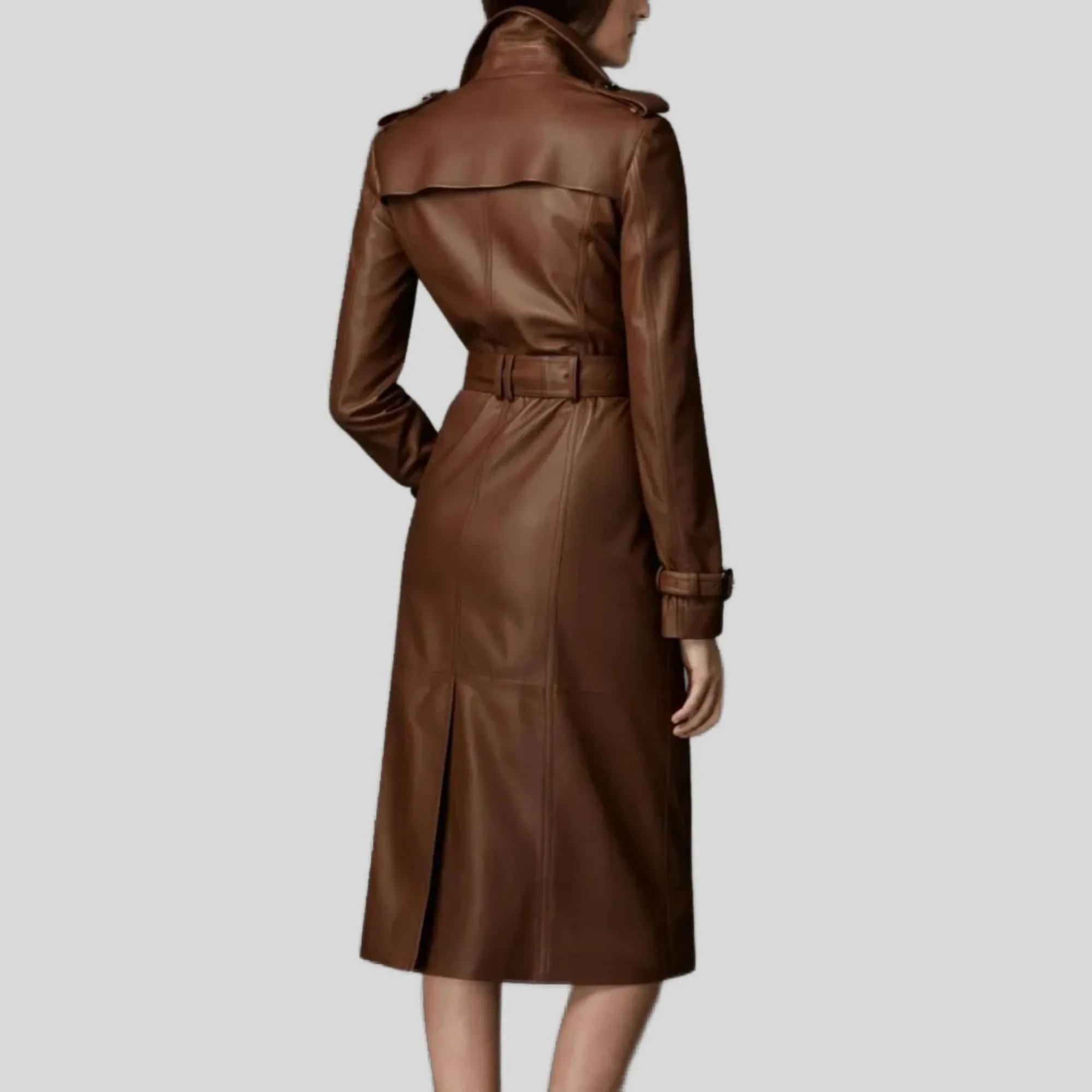 Women Brown Genuine Real Leather Designer Trench Belted Coat