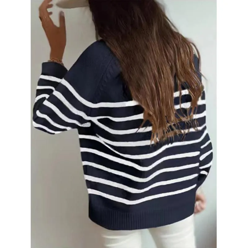 Women half buttons pullover knit long sleeve striped sweaters