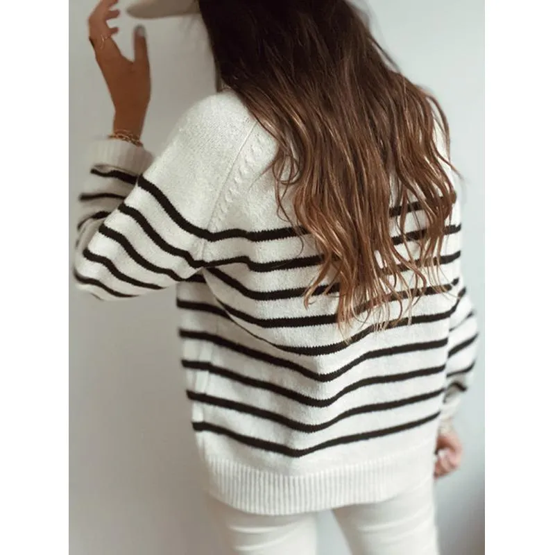 Women half buttons pullover knit long sleeve striped sweaters