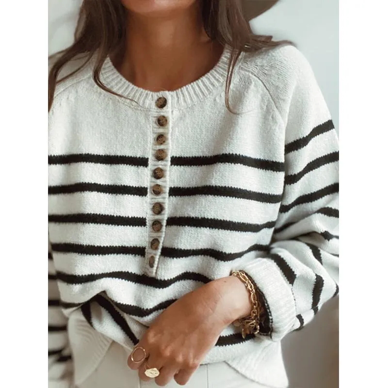 Women half buttons pullover knit long sleeve striped sweaters