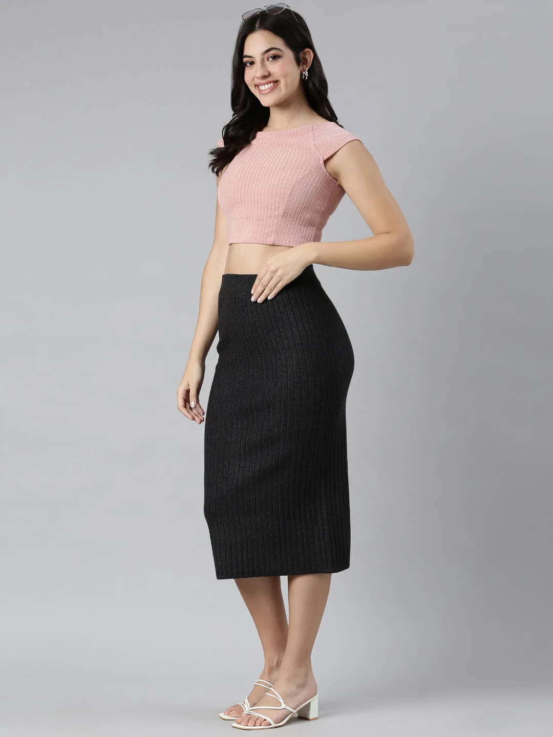 Women Self Design Grey Pencil Midi Skirt