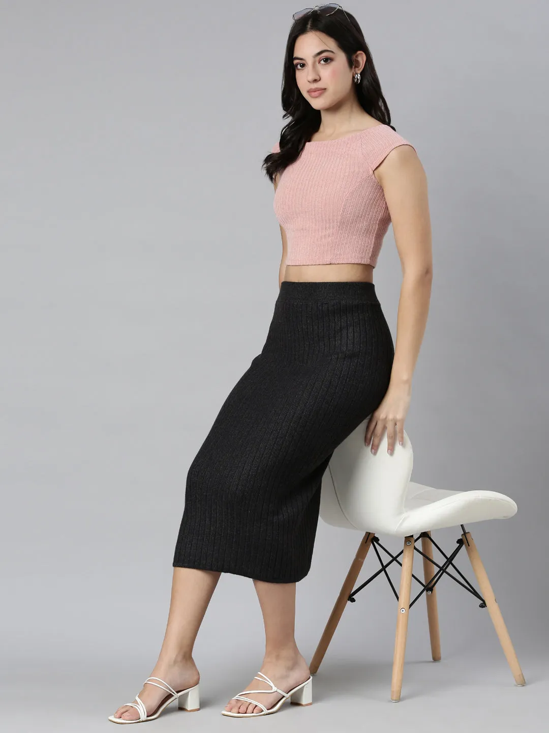 Women Self Design Grey Pencil Midi Skirt