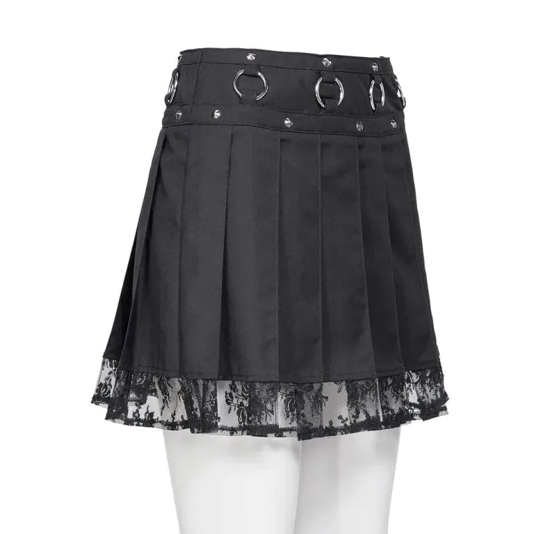 Women's Punk Studded Lace Splice Pleated Skirt