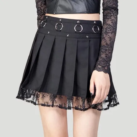 Women's Punk Studded Lace Splice Pleated Skirt