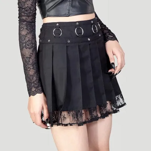 Women's Punk Studded Lace Splice Pleated Skirt