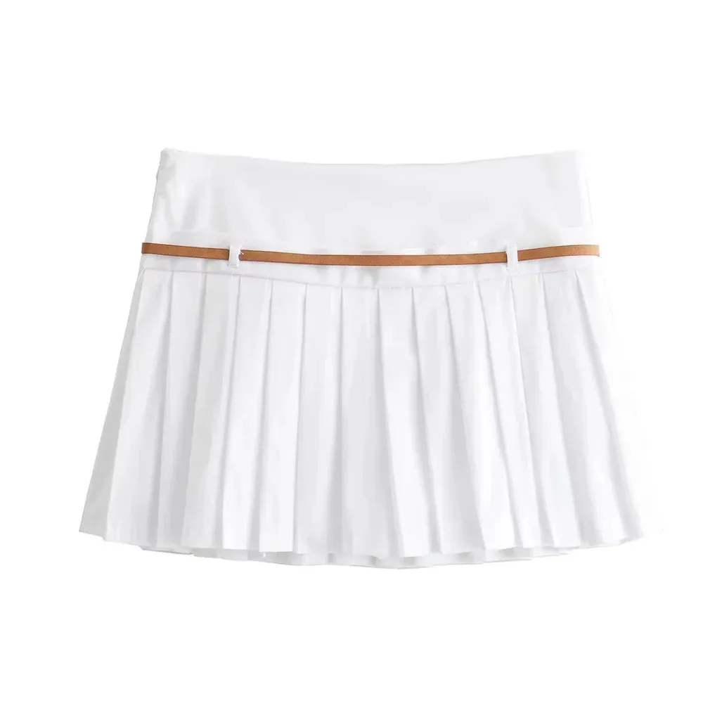 Women's Sleeveless Zip-Up Top & Pleated Mini Skirt with Belt