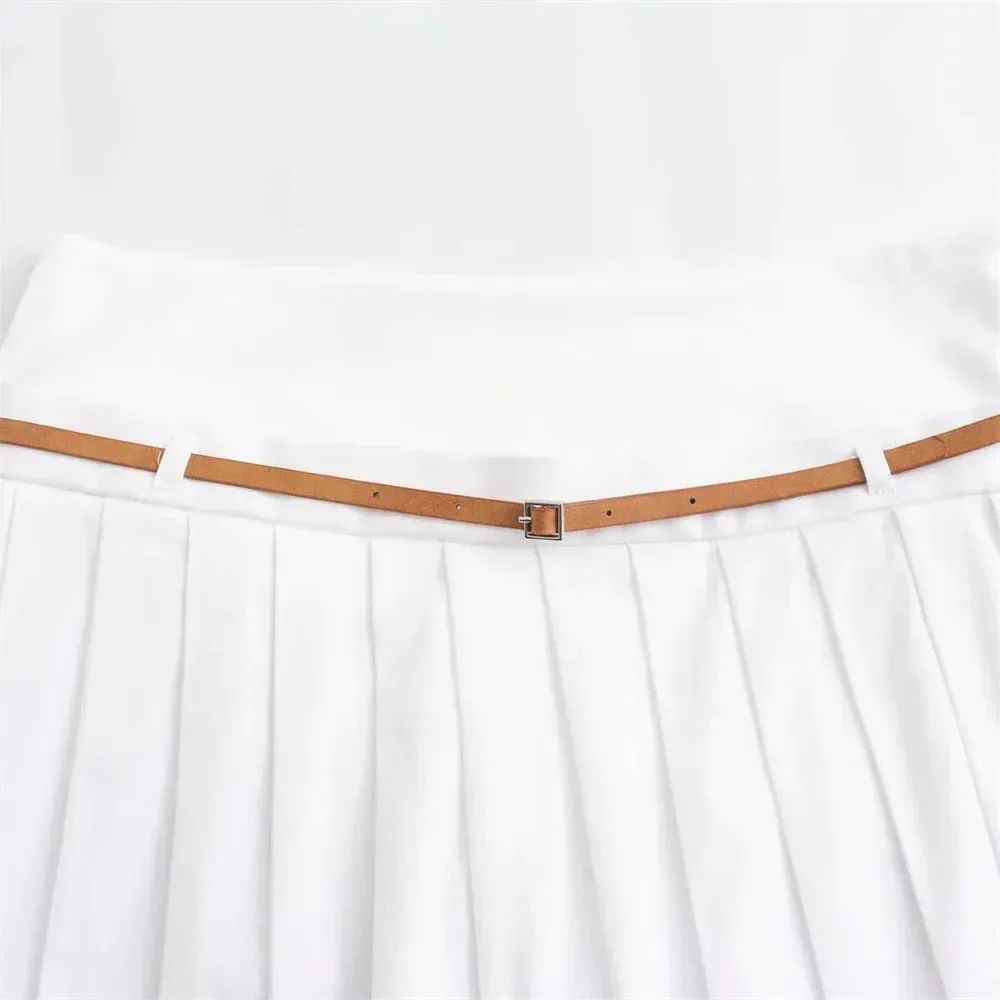 Women's Sleeveless Zip-Up Top & Pleated Mini Skirt with Belt