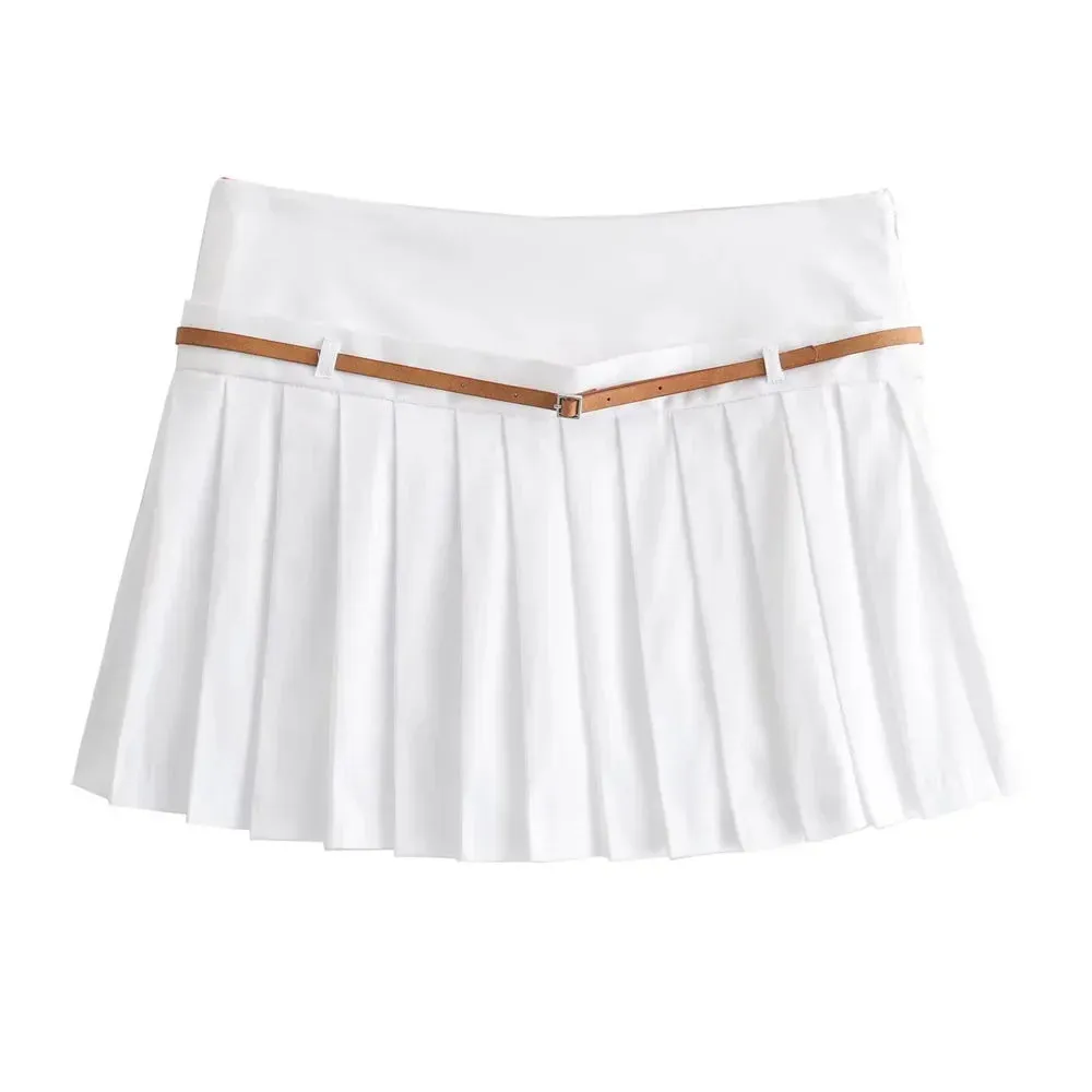 Women's Sleeveless Zip-Up Top & Pleated Mini Skirt with Belt