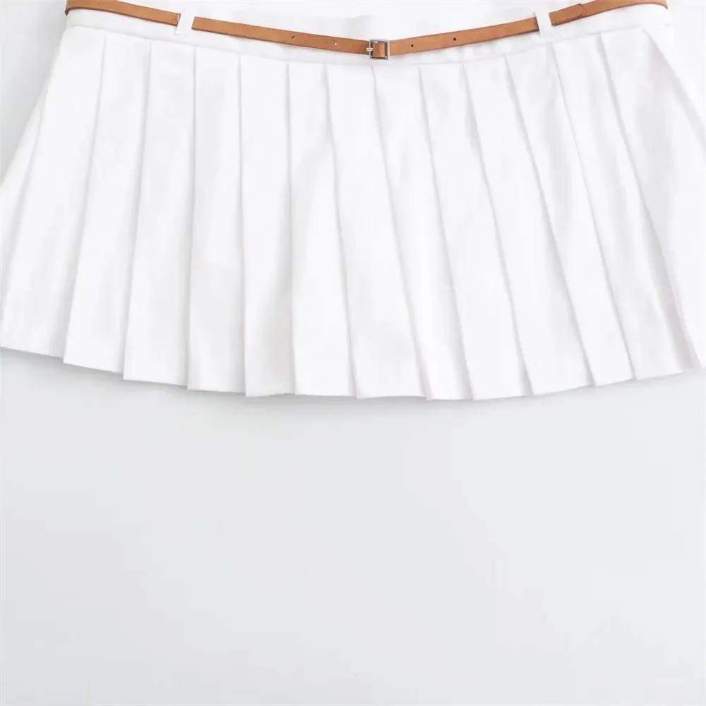 Women's Sleeveless Zip-Up Top & Pleated Mini Skirt with Belt