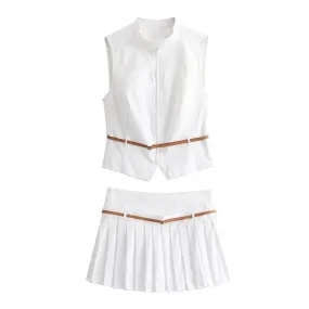 Women's Sleeveless Zip-Up Top & Pleated Mini Skirt with Belt