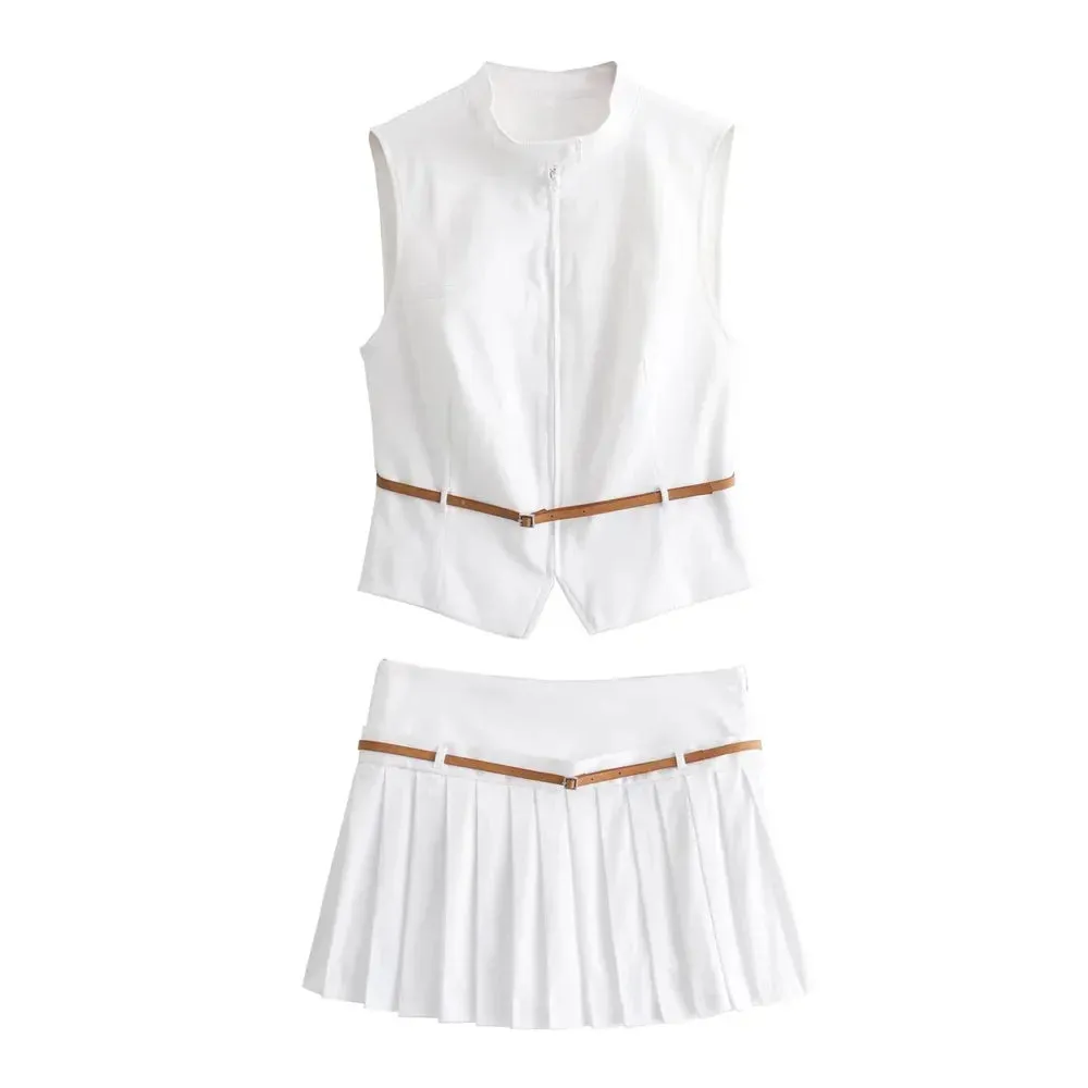 Women's Sleeveless Zip-Up Top & Pleated Mini Skirt with Belt