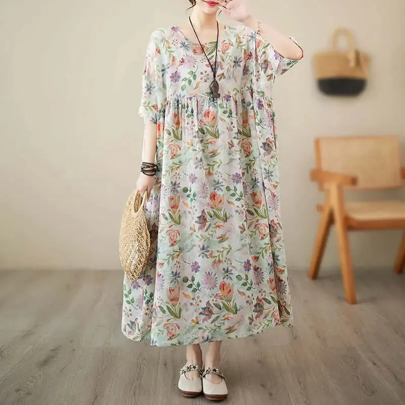 Women's Summer Dress Flowery Green Linen A-Line Dress