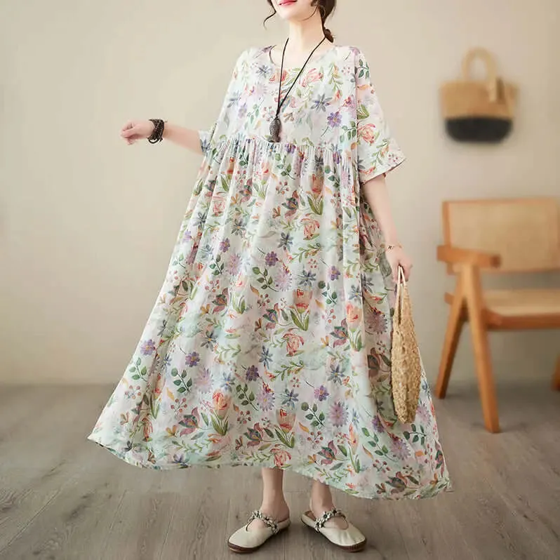 Women's Summer Dress Flowery Green Linen A-Line Dress