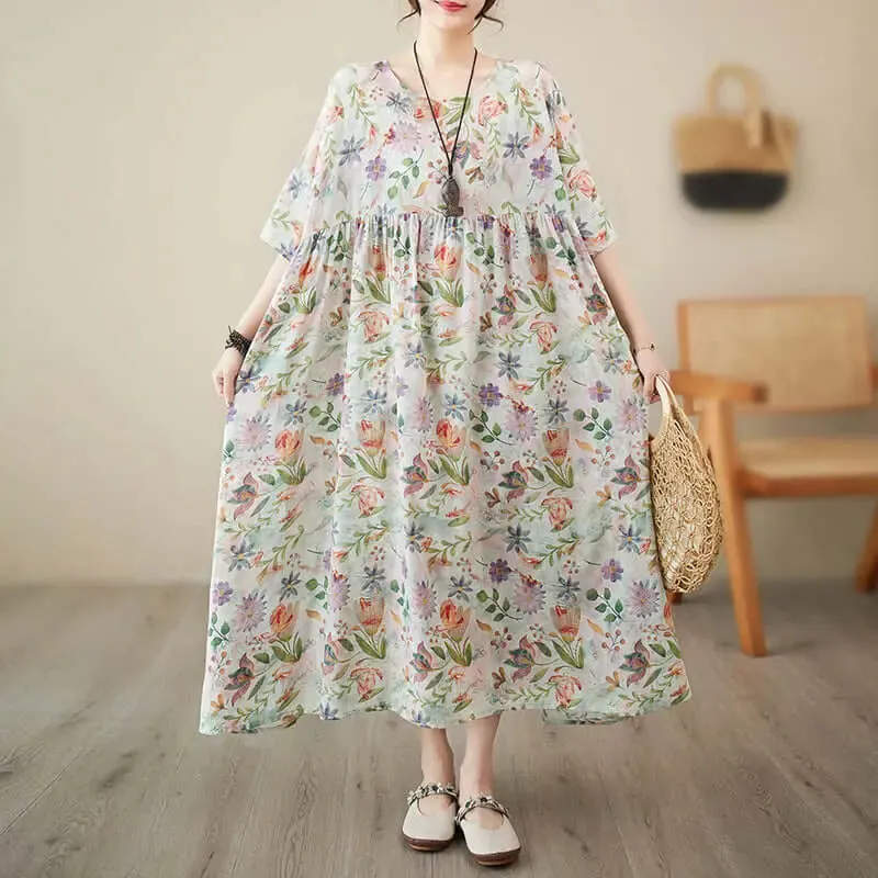 Women's Summer Dress Flowery Green Linen A-Line Dress