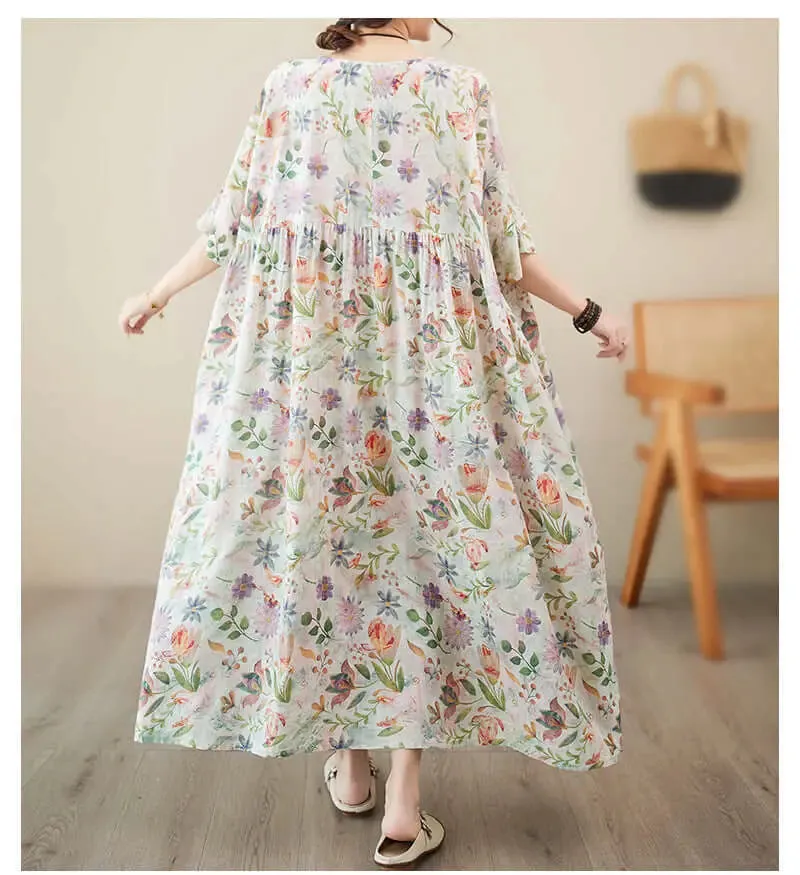 Women's Summer Dress Flowery Green Linen A-Line Dress