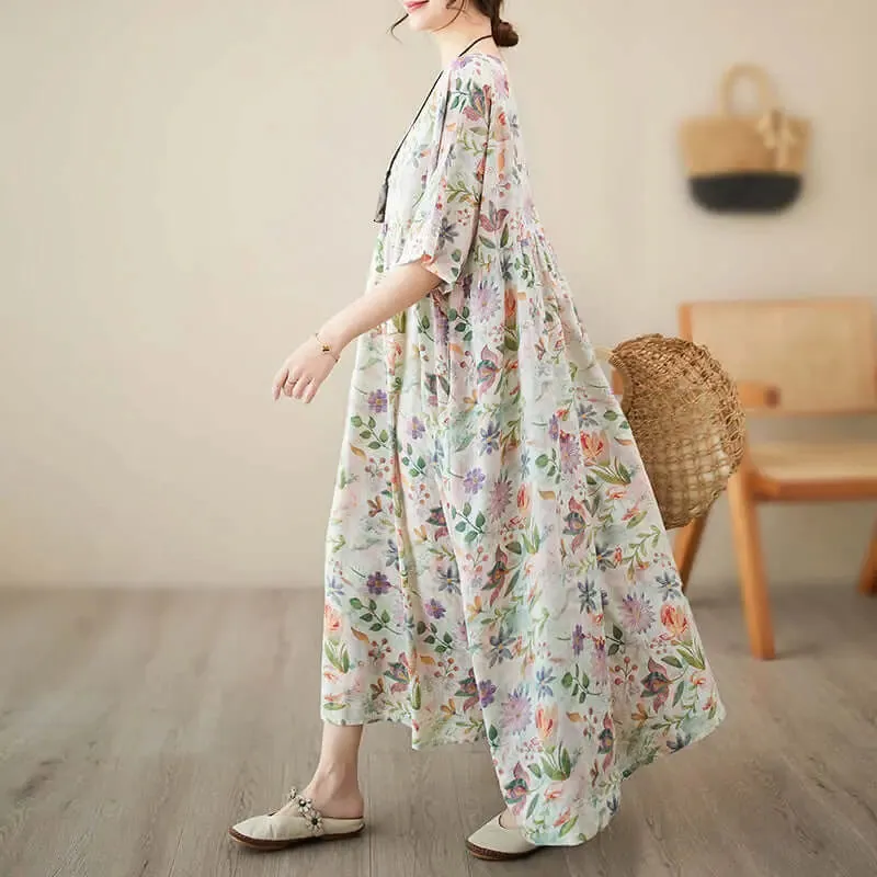 Women's Summer Dress Flowery Green Linen A-Line Dress