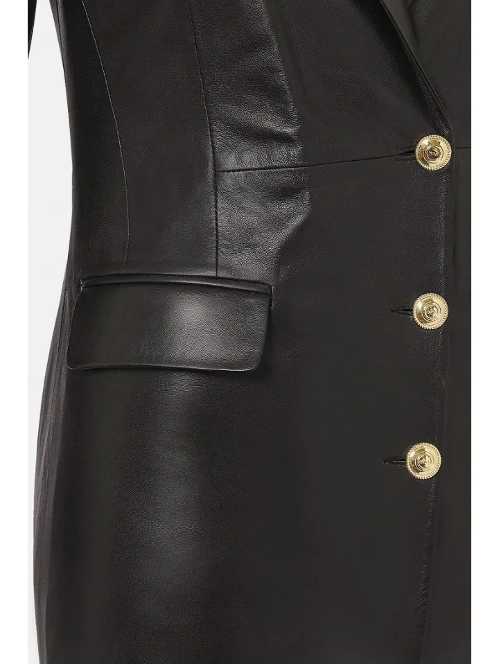 Women’s Trendy Black Sheepskin Leather Coat Golden Buttons