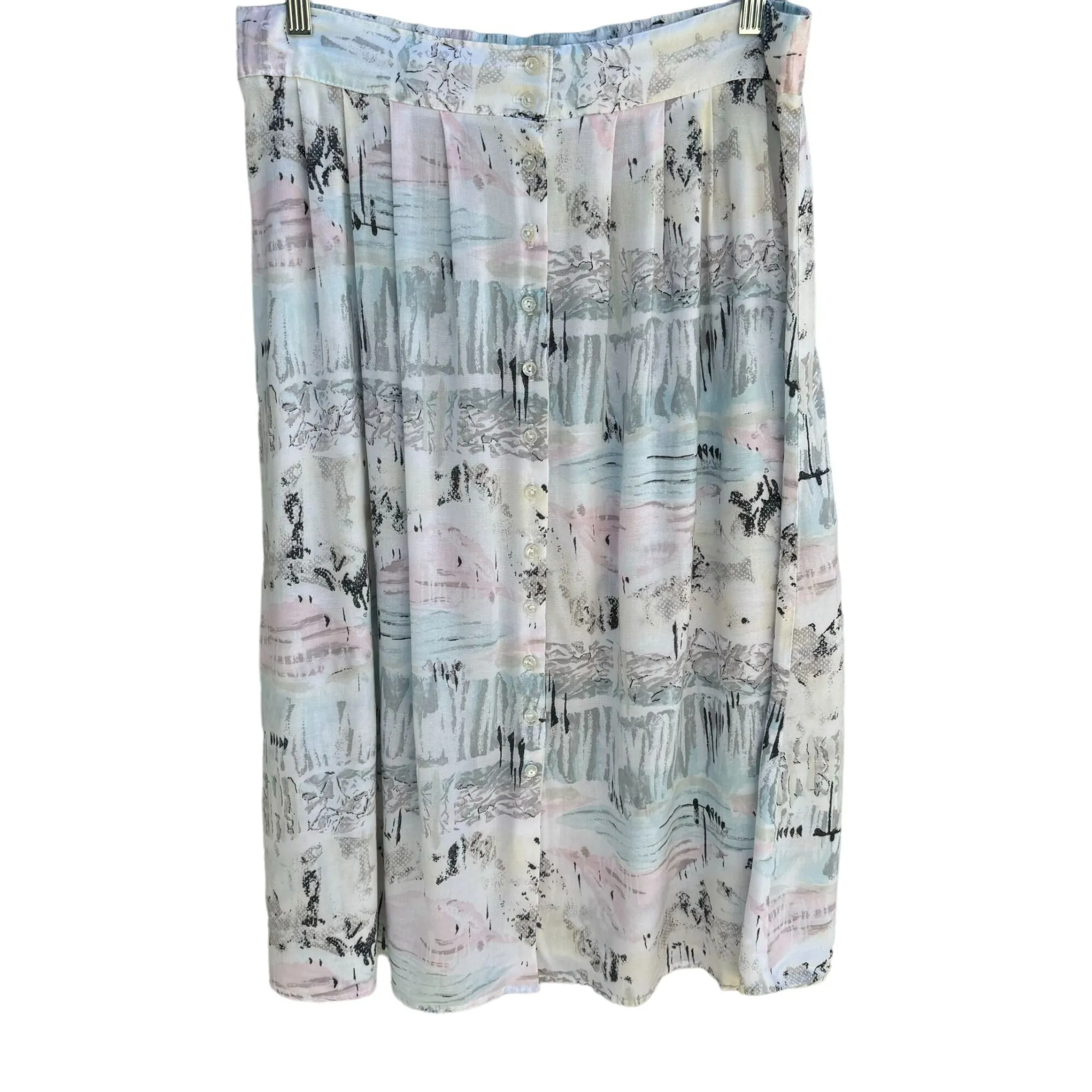 Women's Vintage Pleated Flowy Button Front Midi Skirt With Abstract Pastel Print