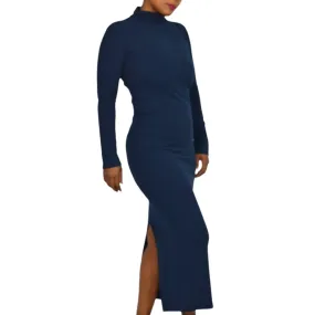 Zara Open Back Dress Blue Navy Crepe High Neck Long Sleeves Midi Column Straight Bodycon Size Small